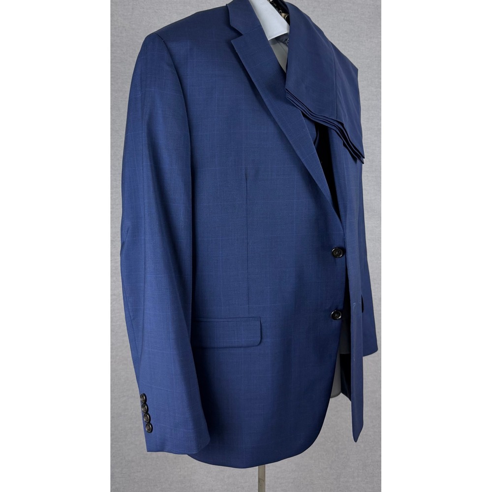Ralph Lauren Mens 3 Piece Blue Plaid Wool Suit 46R 40x29 Flaw